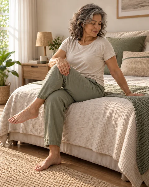 Imagem ilustrativa: mulher sentada na cama, realizando uma rotação com a mão apoiada no colchão